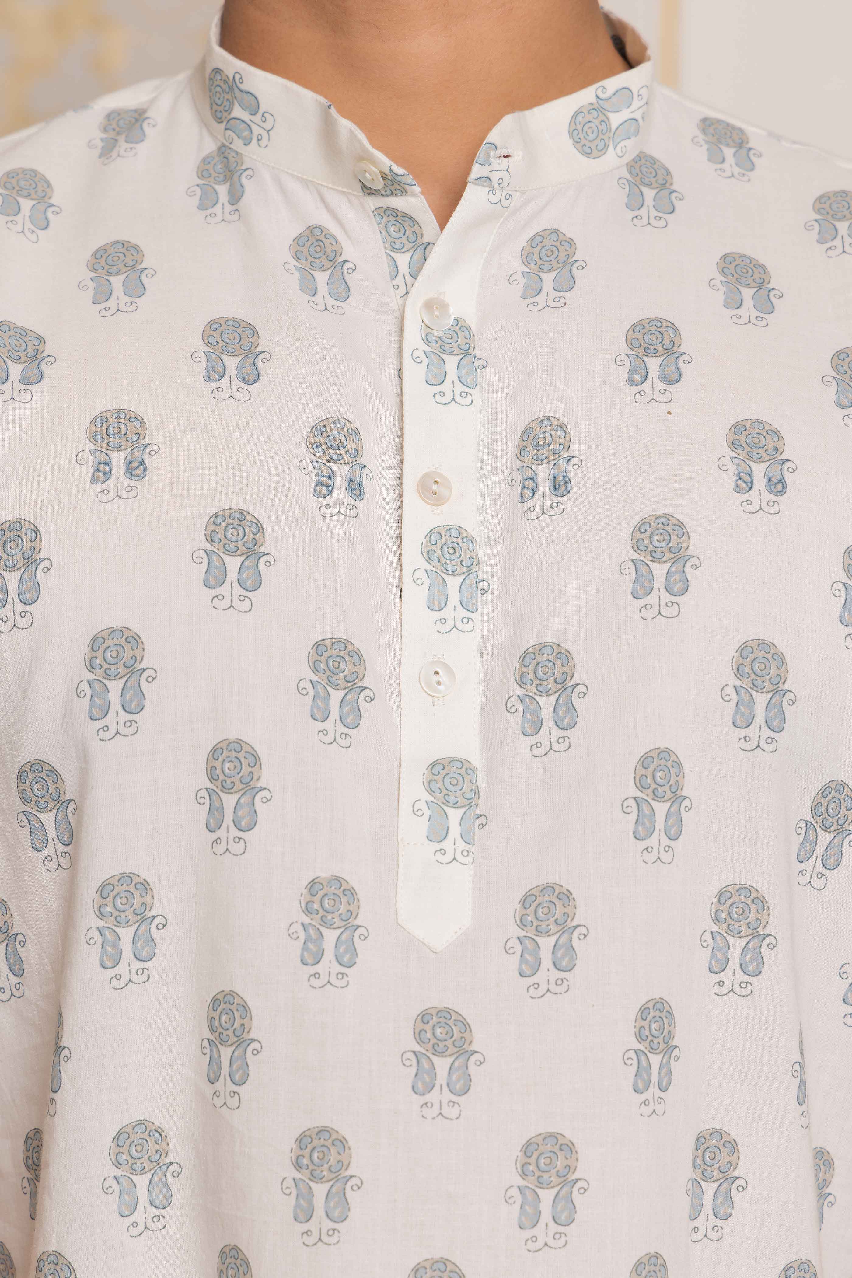 Cream Motif Block Printed Shirt Kurta